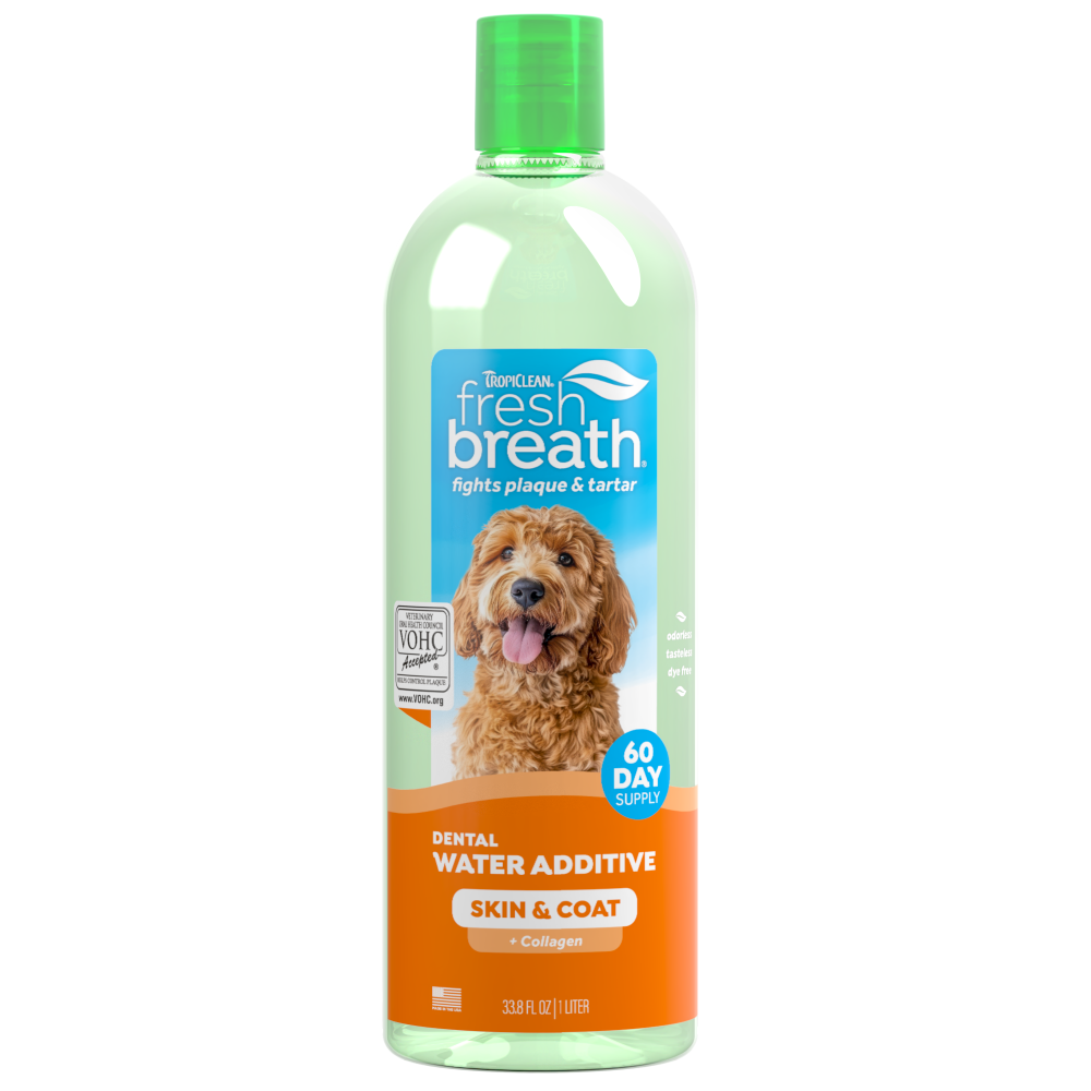 TropiClean Fresh Breath Dental Water Additive Skin & Coat with Collagen for Dogs 33.8oz