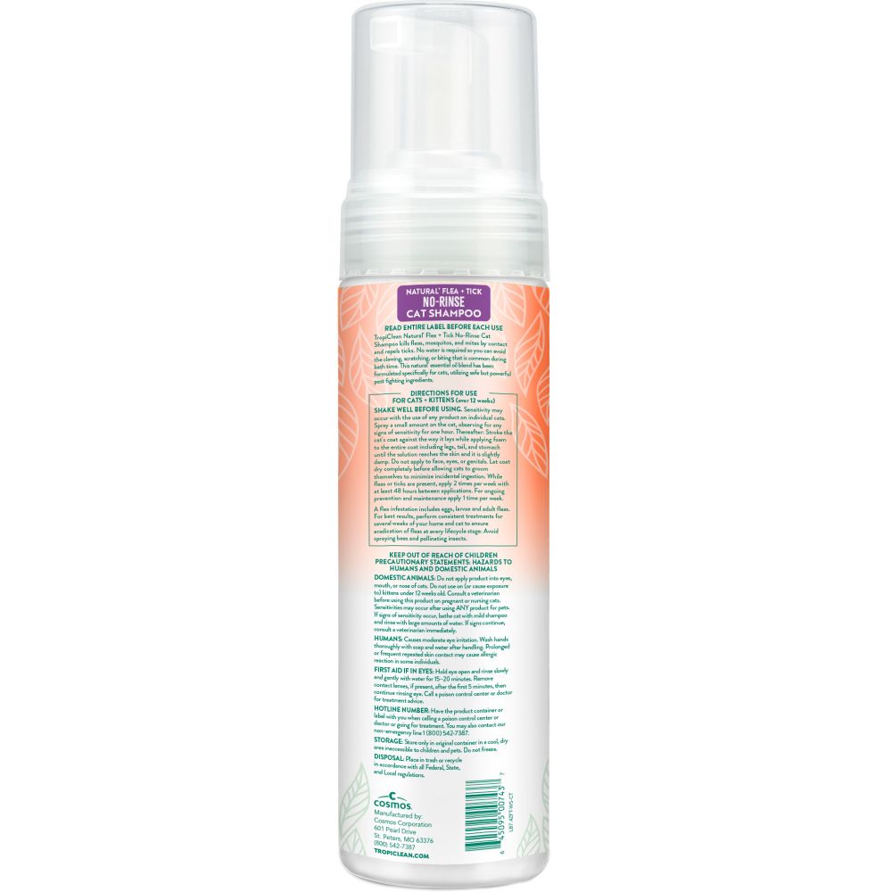TropiClean Natural* Flea + Tick Waterless Shampoo for Cats, 7.4oz