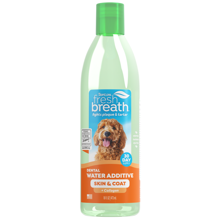 TropiClean Fresh Breath Dental Water Additive Skin & Coat with Collagen for Dogs, 16oz