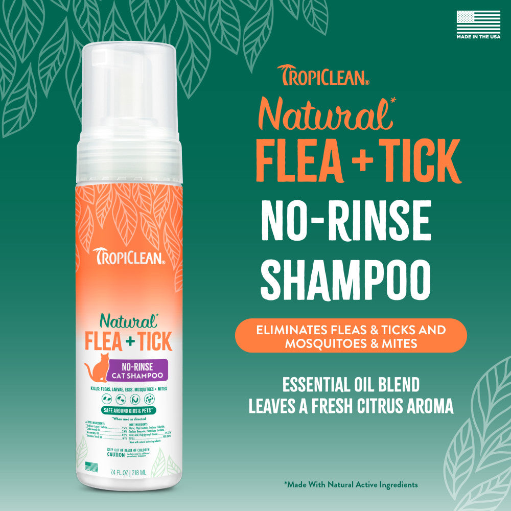 TropiClean Natural* Flea + Tick Waterless Shampoo for Cats, 7.4oz