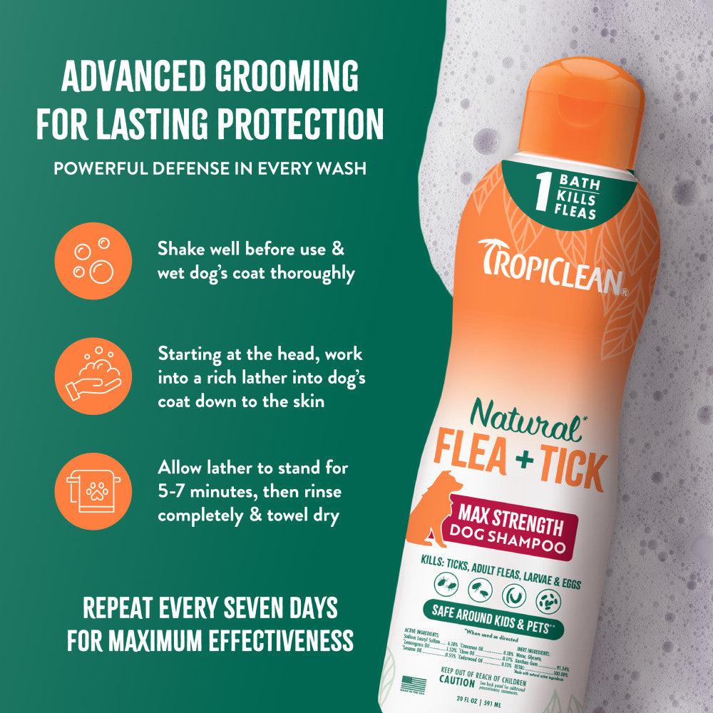 TropiClean Natural* Flea + Tick Maximum Strength Shampoo for Dogs, 20oz