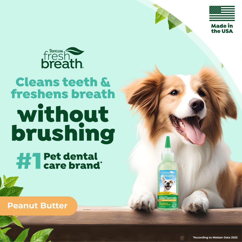 TropiClean Fresh Breath No Brushing Peanut Butter Flavor Clean Teeth Dental & Oral Care Gel for Dogs, 4oz