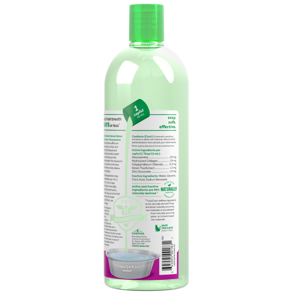 TropiClean Fresh Breath Dental Water Additive Plus Hip & Joint for Dogs, 33.8oz