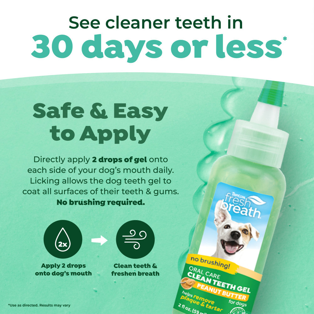 TropiClean Fresh Breath No Brushing Peanut Butter Flavor Clean Teeth Dental & Oral Care Gel for Dogs, 2oz