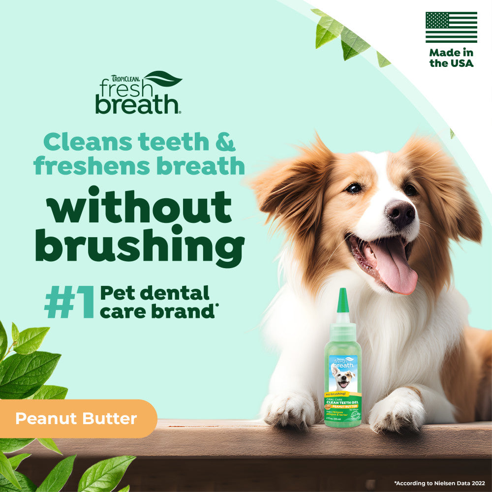 TropiClean Fresh Breath No Brushing Peanut Butter Flavor Clean Teeth Dental & Oral Care Gel for Dogs, 2oz