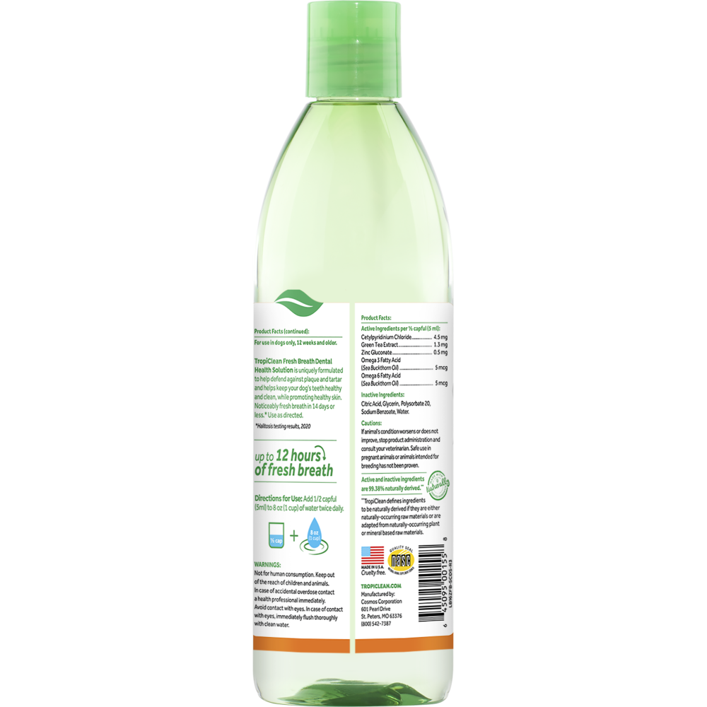 TropiClean Fresh Breath Dental Health Solution Supports Skin Health for Dogs, 16oz